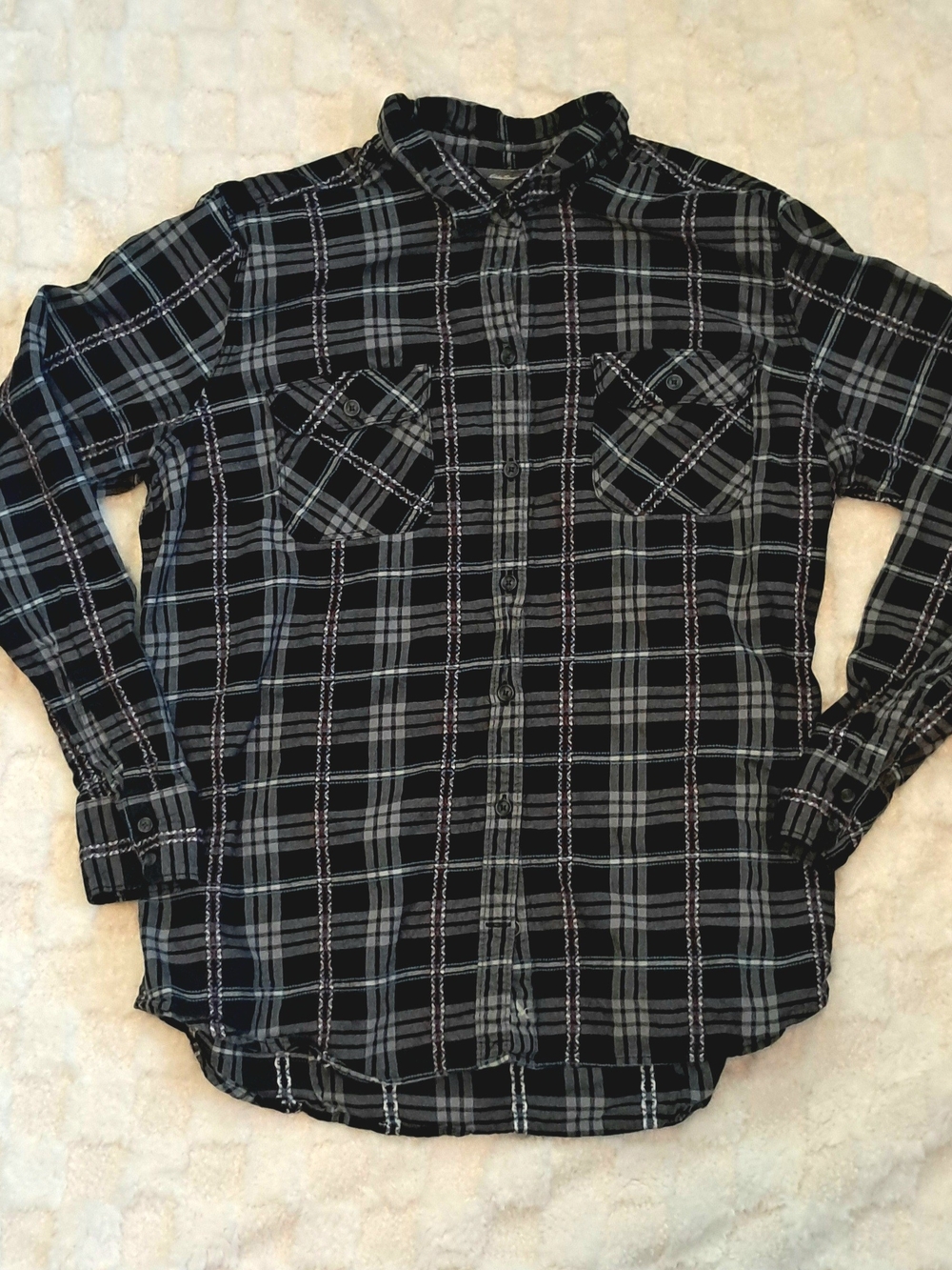Eddie Bauer Black & Gray Plaid Button-Down Shirt Women's XL